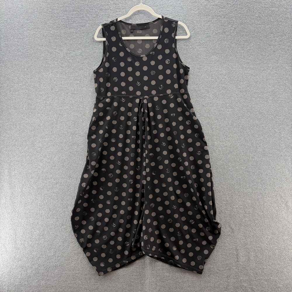 Porto San Francisco Dress Large Black Polka Dot Lagenlook Jersey Relaxed Pockets